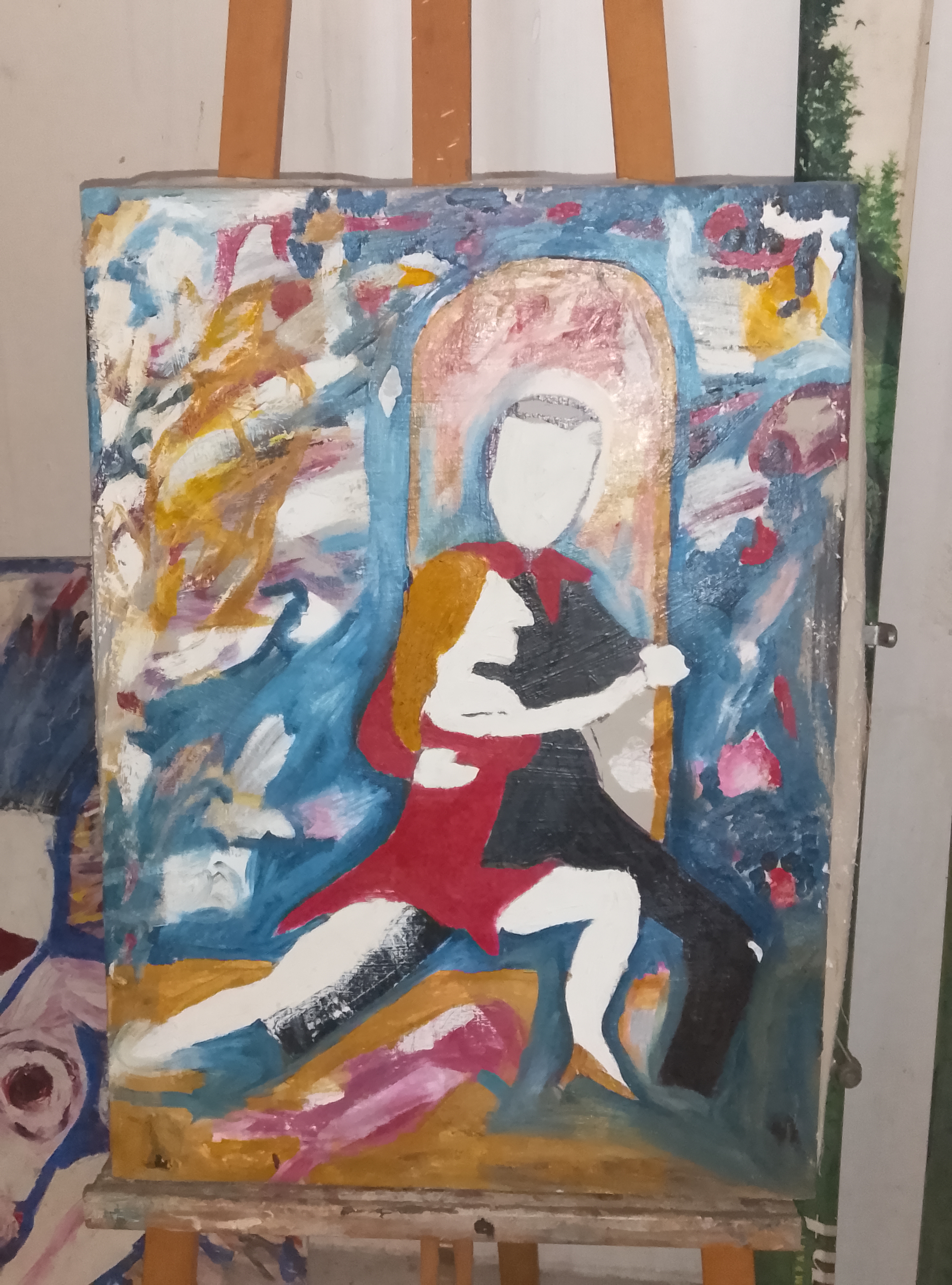 Oil painting titled 'View 'salve de tango par une femme en rouge red female salute kick of tango 106x60' by Ronald Ray Mangiaracina - [Brief description e.g., A still life composition with fruit and flowers]