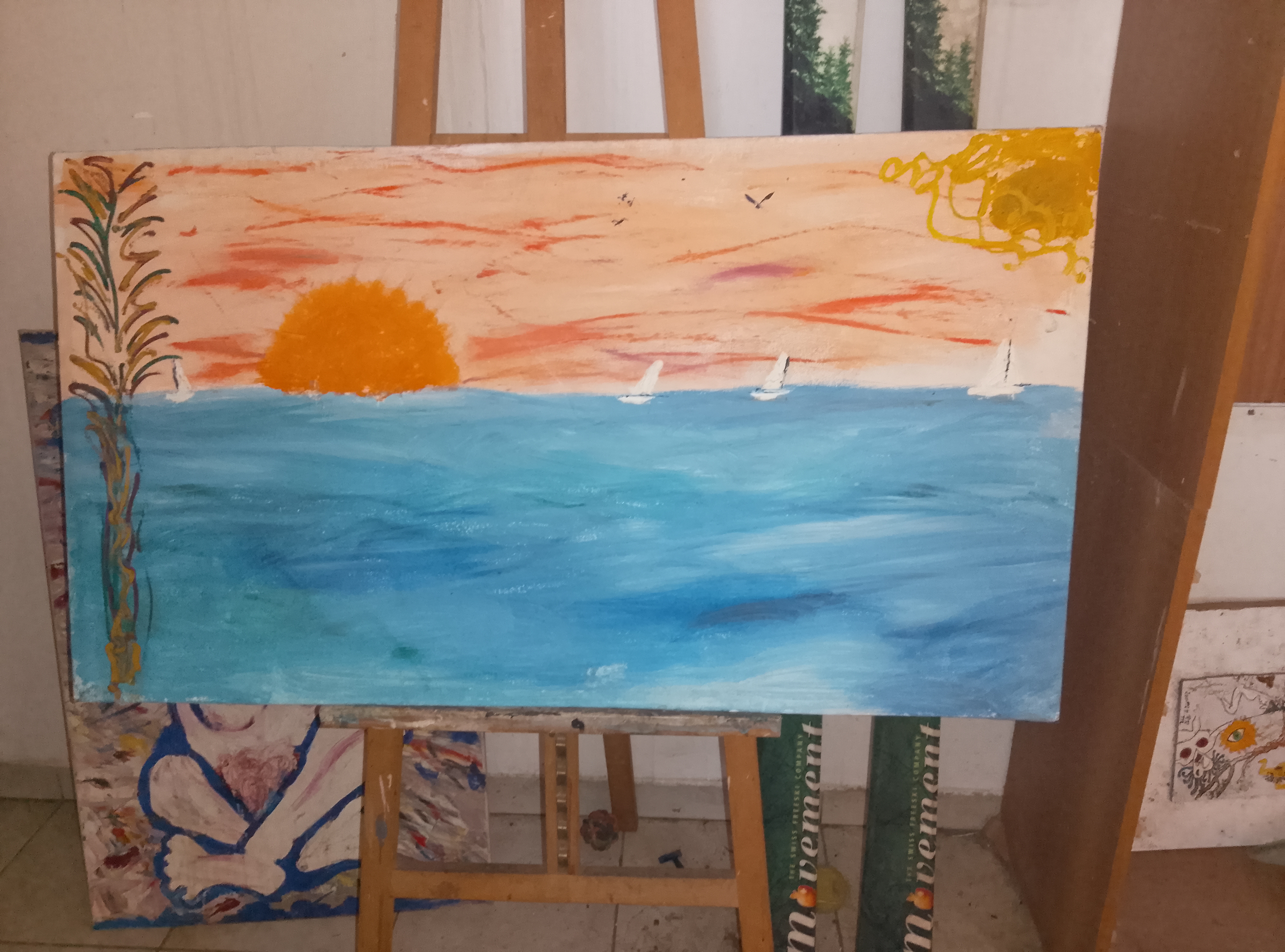 Oil painting titled 'SUNSET-SICILY-TRAMONTO-SICILIA-60X109.jpg' by Ronald Ray Mangiaracina - This artwork instantly transports you to a hot Sicilian beach at sunset,